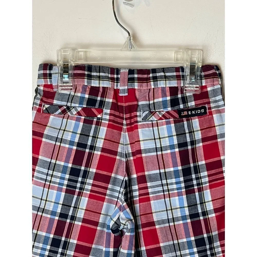 E-Land Red Blue And Black‎ Cotton Plaid Adjustable Waist Shorts Size 4